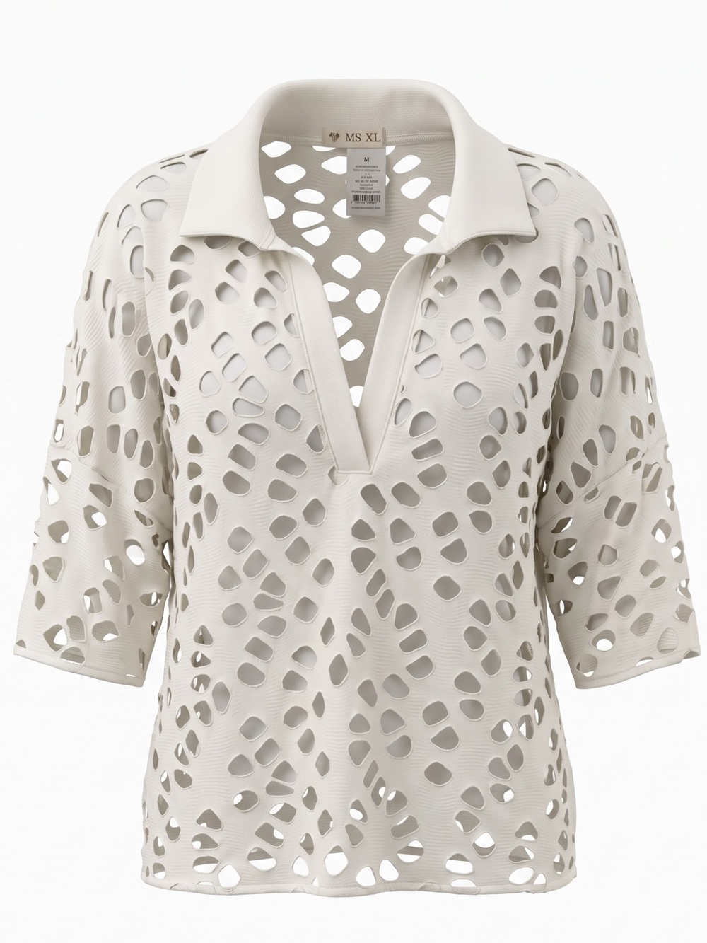 Openwork Polo-Style Button Down Top in Ivory